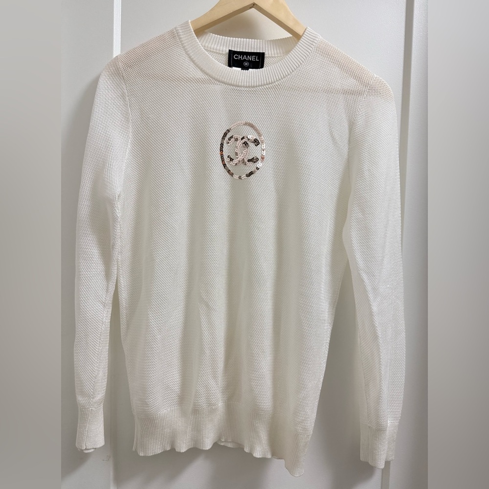 Chanel White Mesh Sweater with Gold Logo